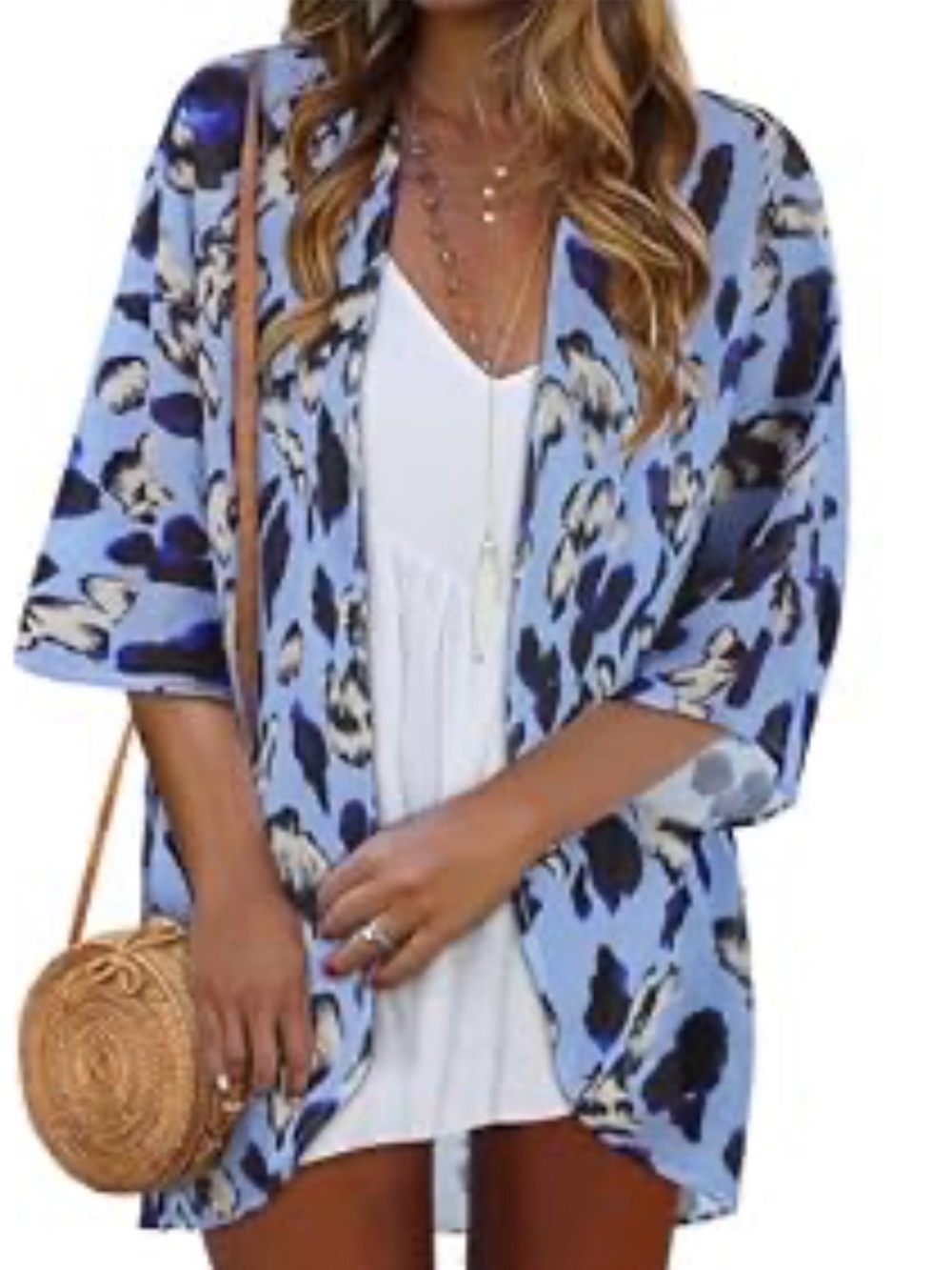 Light Blue Leopard Print Kimono Cover-Up